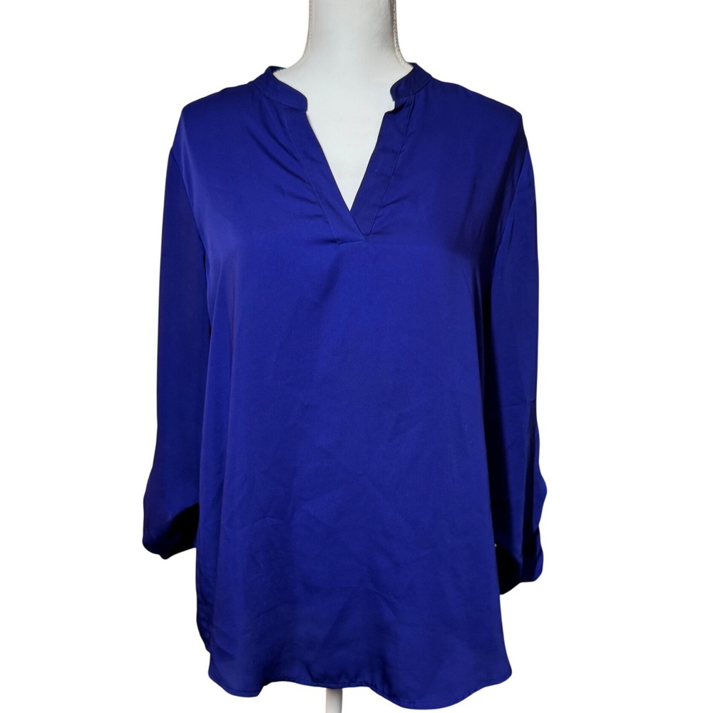 Chico's Roll Tab Sleeve V-Neck Blouse 1 Medium Cobalt Blue Excellent Solid Woven